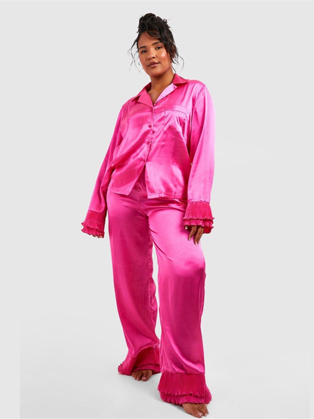 Boohoo Plus Hot Pink Satin Ruffle-Trim Pajama Set